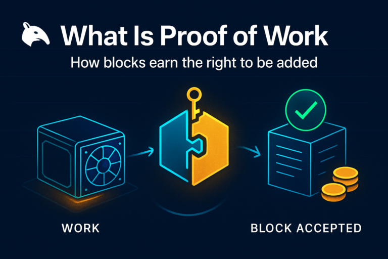 Editorial Snout0x hero showing an isometric ASIC mining rig on the left, a hexagonal puzzle-glyph being unlocked by a gold key in the center, and an accepted block with a green check and a small gold coin reward on the right.