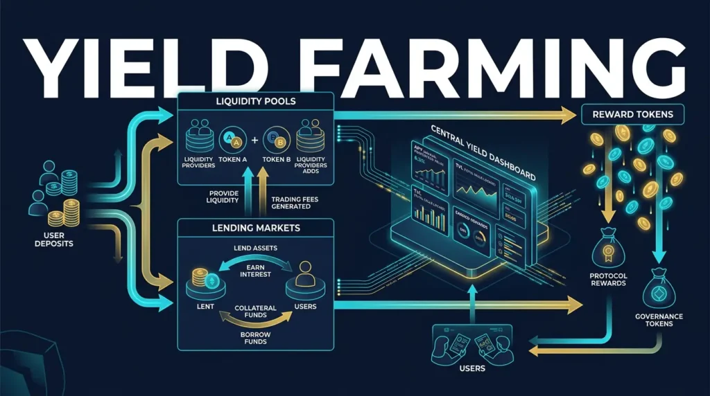 What Is Yield Farming in Crypto? How DeFi Yield Works 1 editorial diagram showing DeFi capital flowing into pools and incentives to generate farming yield