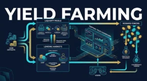 editorial diagram showing DeFi capital flowing into pools and incentives to generate farming yield