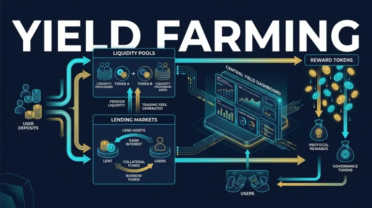 editorial diagram showing DeFi capital flowing into pools and incentives to generate farming yield
