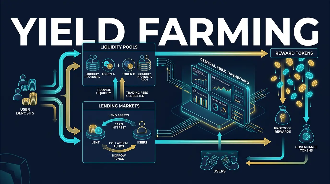 editorial diagram showing DeFi capital flowing into pools and incentives to generate farming yield
