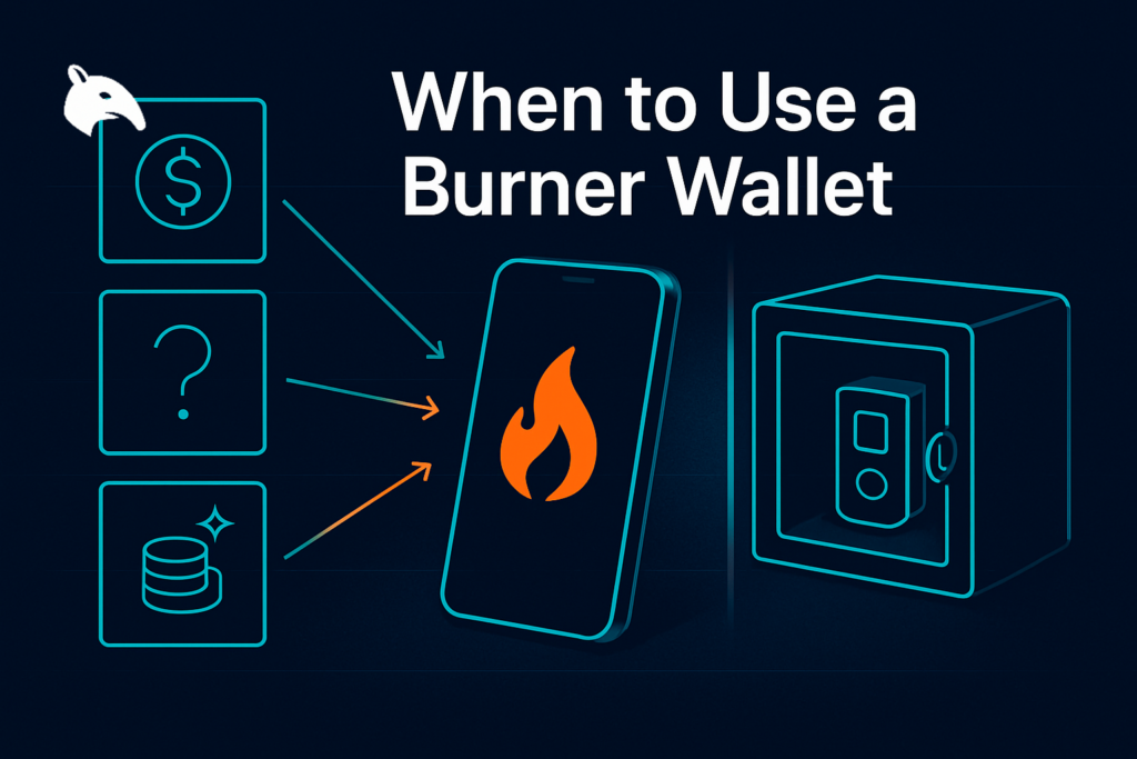 When to Use a Burner Wallet: Safer DeFi and Web3 Habits 1 Editorial Snout0x hero showing three risky-scenario icons funneling into a burner phone wallet on the left, with a separated vault holding a hardware wallet on the right behind a glass divider.