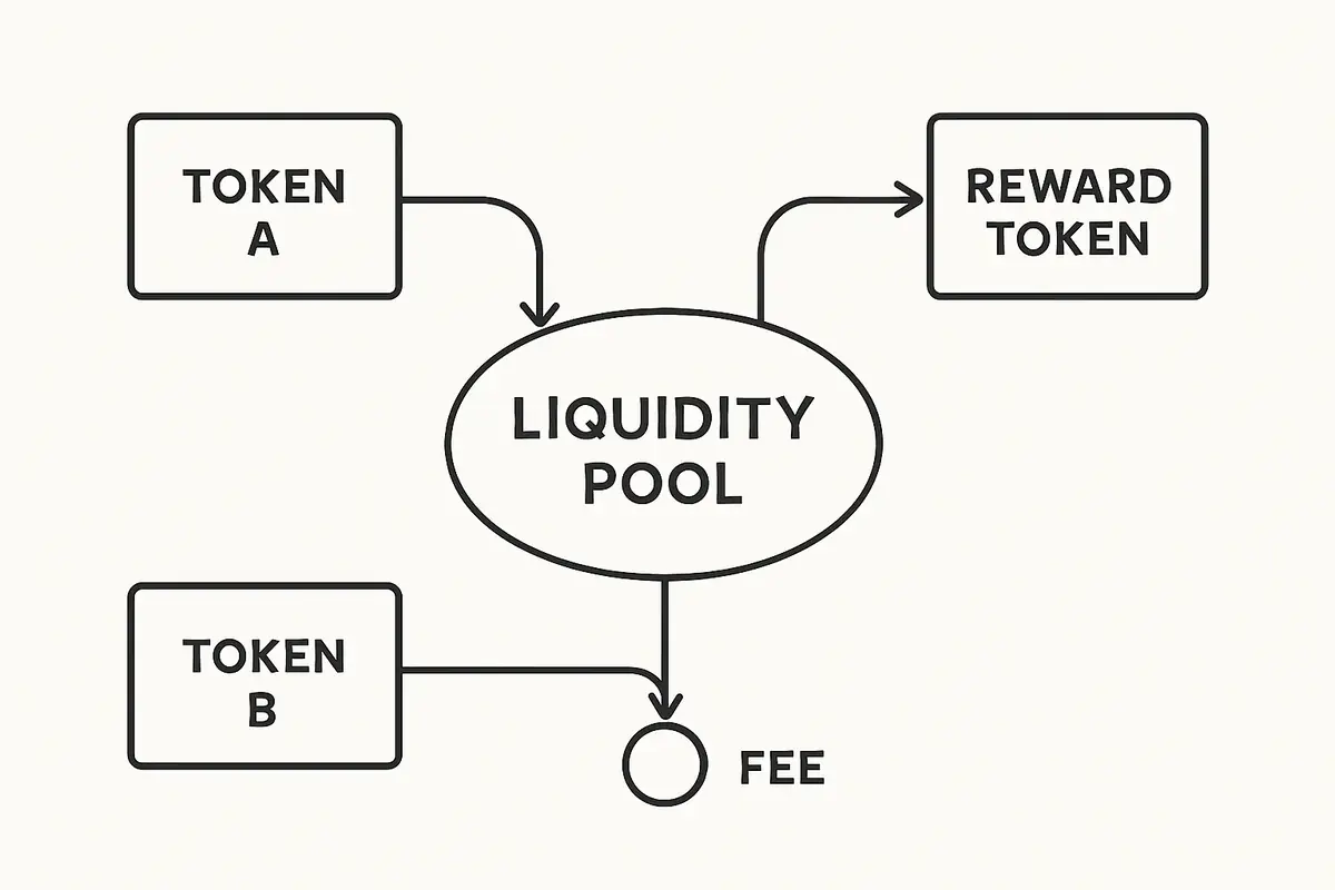 Yield farming liquidity pool flow diagram showing yield farming liquidity pool flow with fee collection and reward token distribution