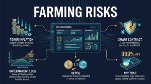 editorial diagram showing the main risk branches around a DeFi yield farming position