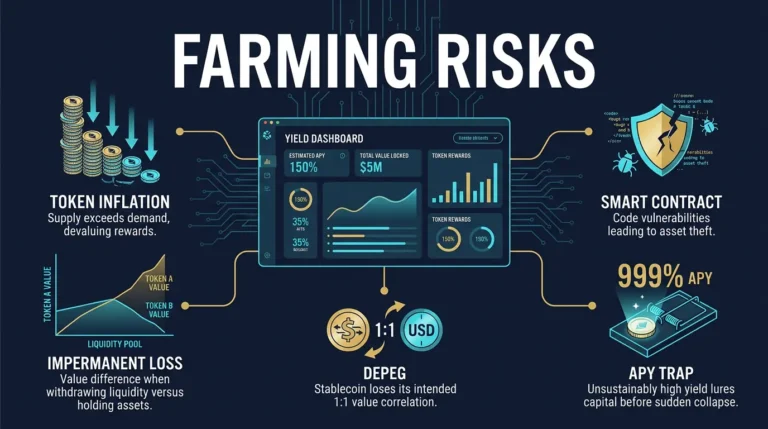 editorial diagram showing the main risk branches around a DeFi yield farming position
