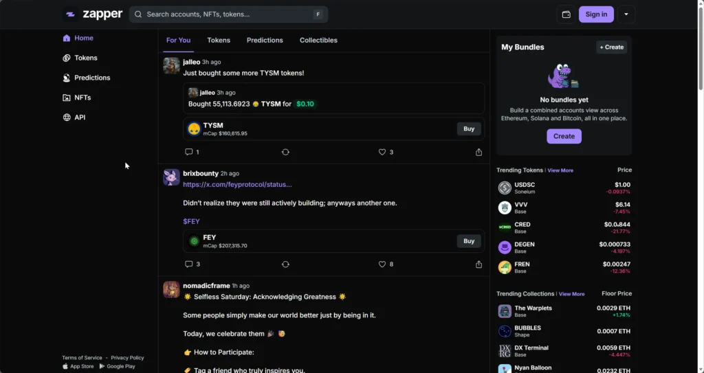 Best Crypto Portfolio Trackers 2026: Route by Workflow 3 Zapper DeFi portfolio tracker dashboard showing wallet portfolio feed, tokens, NFTs, and multi-chain asset tracking across Ethereum and Solana